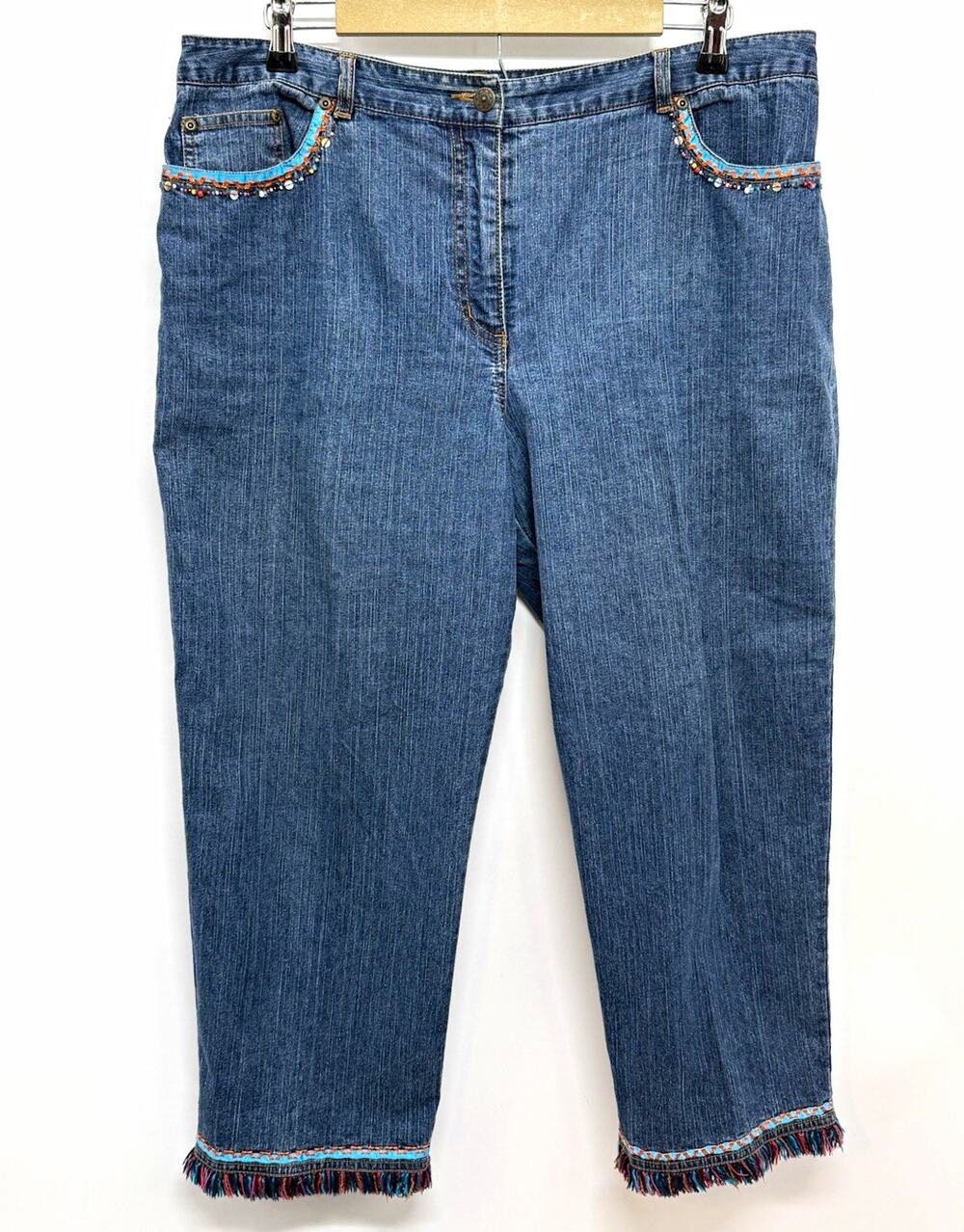 Ruby Rd Capri Jeans Womens 14 Embellished Beaded Fringe Hem Stretch Denim Blue